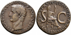 Tiberius, AD 14-37. As (Copper, 27 mm, 11.00 g, 1 h), Rome, 15-16. TI•CAESAR•DIVI•AVG•F•AVGVST•IMP•VII Bare head of Tiberius to left. Rev. PONTIF MAXI...