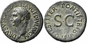 Drusus, died 23. As (Copper, 28 mm, 10.73 g, 7 h), Rome, struck under Tiberius, 22-23. DRVSVS CAESAR•TI•AVG•F•DIVI•AVG•N Bare head of Drusus to left. ...