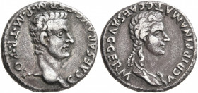 Gaius (Caligula), with Agrippina Senior, 37-41. Denarius (Silver, 18 mm, 3.65 g, 12 h), Rome, 37-38. C CAESAR•AVG•GERM•P•M•TR•POT Bare head of Gaius t...