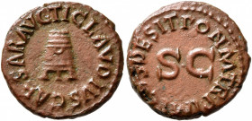 Claudius, 41-54. Quadrans (Copper, 17 mm, 3.29 g, 7 h), Rome, 41. TI CLAVDIVS CAESAR AVG Three-legged modius. Rev. PON M TR P IMP COS DES IT around la...