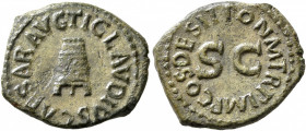 Claudius, 41-54. Quadrans (Copper, 20 mm, 3.38 g, 6 h), Rome, 41. TI CLAVDIVS CAESAR AVG Three-legged modius. Rev. PON M TR P IMP COS DES IT around la...