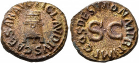 Claudius, 41-54. Quadrans (Copper, 17 mm, 3.32 g, 6 h), Rome, 41. TI CLAVDIVS CAESAR AVG Three-legged modius. Rev. PON M TR P IMP COS DES IT around la...
