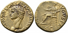Claudius, 41-54. Dupondius (Orichalcum, 28 mm, 11.52 g, 1 h), Rome, 41-42. TI CLAVDIVS CAESAR AVG P M TR P IMP Bare head of Claudius to left. Rev. CER...