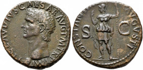 Claudius, 41-54. As (Copper, 27 mm, 11.43 g, 5 h), Rome, 41-42. TI CLAVDIVS CAESAR AVG P M TR P IMP Bare head of Claudius to left. Rev. CONSTANTIAE AV...