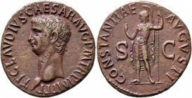 Claudius, 41-54. As (Copper, 28 mm, 10.21 g, 6 h), Rome, 42-43. TI CLAVDIVS CAESAR AVG P M TR P IMP P P Bare head of Claudius to left. Rev. CONSTANTIA...