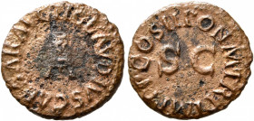 Claudius, 41-54. Quadrans (Copper, 17 mm, 2.34 g, 7 h), Rome, 42. TI CLAVDIVS CAESAR AVG Three-legged modius. Rev. PON M TR P IMP P P COS II around la...