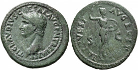 Claudius, 41-54. As (Copper, 29 mm, 9.71 g, 7 h), restitution issue. Rome, struck under Titus, 80-81. TI CLAVDIVS CAESAR AVG P M TR P IMP P P Bare hea...