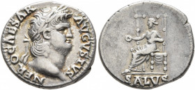Nero, 54-68. Denarius (Silver, 18 mm, 3.53 g, 7 h), Rome, 65-66. NERO CAESAR AVGVSTVS Laureate head of Nero to right. Rev. SALVS Salus seated left on ...