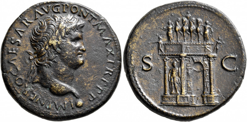 Nero, 54-68. Sestertius (Orichalcum, 34 mm, 24.61 g, 7 h), Lugdunum, circa 66. I...