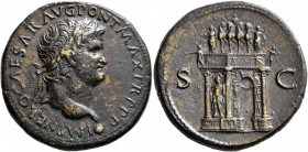 Nero, 54-68. Sestertius (Orichalcum, 34 mm, 24.61 g, 7 h), Lugdunum, circa 66. IMP NERO CAESAR AVG PONT MAX TR P P P Laureate head of Nero to right, s...