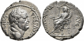Vespasian, 69-79. Denarius (Silver, 17 mm, 3.56 g, 1 h), Ephesus, 69-70. IMP CAES VESPAS AVG Laureate head of Vespasian to right. Rev. CONCORDIA AVG C...