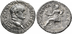 Vespasian, 69-79. Denarius (Silver, 18 mm, 2.73 g, 7 h), Ephesus, 70. IMP CAESAR VESPAS AVG COS II TR P P P Laureate head of Vespasian to right. Rev. ...
