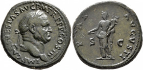 Vespasian, 69-79. Sestertius (Orichalcum, 33 mm, 27.92 g, 6 h), Rome, 71. IMP CAES VESPAS AVG P M TR P P P COS III Laureate head of Vespasian to right...