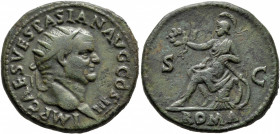 Vespasian, 69-79. Dupondius (Orichalcum, 27 mm, 12.56 g, 6 h), Rome, 71. IMP CAES VESPASIAN AVG COS III Radiate head of Vespasian to right. Rev. ROMA ...