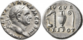 Vespasian, 69-79. Denarius (Silver, 17 mm, 3.45 g, 6 h), Rome, 72-73. IMP CAES VESP AVG P M COS IIII Laureate head of Vespasian to right. Rev. AVGVR /...