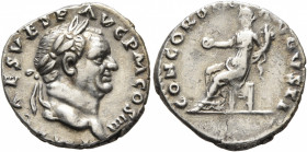 Vespasian, 69-79. Denarius (Silver, 18 mm, 3.19 g, 5 h), Rome, 72-73. IMP CAES VESP AVG P M COS IIII Laureate head of Vespasian to right. Rev. CONCORD...