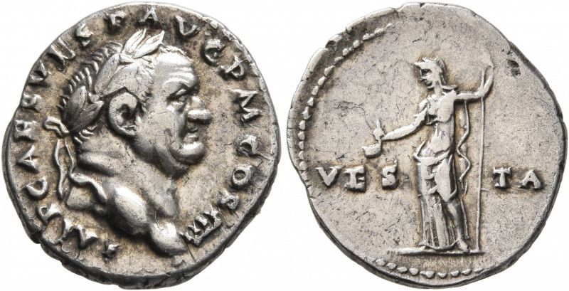 Vespasian, 69-79. Denarius (Silver, 20 mm, 3.41 g, 6 h), Rome, 72-73. IMP CAES V...