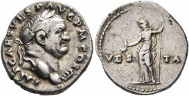 Vespasian, 69-79. Denarius (Silver, 20 mm, 3.41 g, 6 h), Rome, 72-73. IMP CAES VESP AVG P M COS IIII Laureate head of Vespasian to right. Rev. VES-TA ...