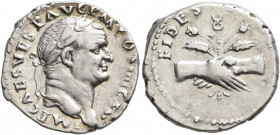 Vespasian, 69-79. Denarius (Silver, 19 mm, 3.54 g, 4 h), Rome, 73. IMP CAES VESP AVG P M COS IIII CEN Laureate head of Vespasian to right. Rev. FIDES ...