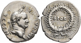 Vespasian, 69-79. Denarius (Silver, 20 mm, 3.37 g, 12 h), Rome, 73. IMP CAES VESP AVG CEN Laureate head of Vespasian to right. Rev. S P Q R within wre...