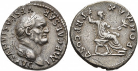 Vespasian, 69-79. Denarius (Silver, 18 mm, 3.13 g, 6 h), Rome, 74. IMP CAESAR VESPASIANVS AVG Laureate head of Vespasian to right. Rev. PON MAX TR P C...