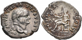 Vespasian, 69-79. Denarius (Silver, 19 mm, 3.29 g, 5 h), Rome, 75. IMP CAESAR VESPASIANVS AVG Laureate head of Vespasian to right. Rev. PON MAX TR P C...