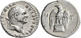 Vespasian, 69-79. Denarius (Silver, 18 mm, 3.46 g, 6 h), Rome, 76. IMP CAESAR VESPASIANVS AVG Laureate head of Vespasian to right. Rev. COS - VII Eagl...