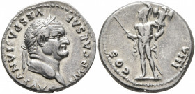 Vespasian, 69-79. Denarius (Silver, 18 mm, 3.50 g, 6 h), Rome, 77-78. IMP CAESAR VESPASIANVS AVG Laureate head of Vespasian to right. Rev. COS VIII Ma...