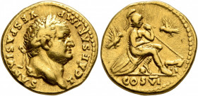 Titus, as Caesar, 69-79. Aureus (Gold, 18 mm, 7.40 g, 7 h), Rome, 77-78. T CAESAR IMP VESPASIANVS Laureate head of Titus to right. Rev. COS VI Roma se...