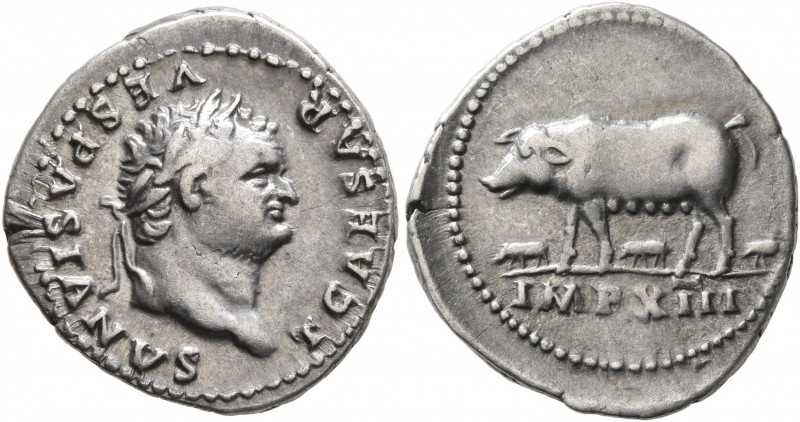 Titus, as Caesar, 69-79. Denarius (Silver, 20 mm, 3.29 g, 6 h), Rome, July 77-De...