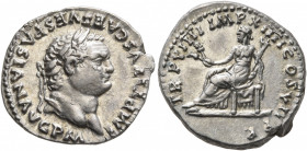 Titus, 79-81. Denarius (Silver, 19 mm, 3.54 g, 5 h), Rome, 79. IMP TITVS CAES VESPASIAN AVG P M Laureate head of Titus to right. Rev. TR P VIIII IMP X...