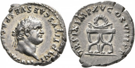 Titus, 79-81. Denarius (Silver, 18 mm, 3.54 g, 7 h), Rome, January-June 80. IMP TITVS CAES VESPASIAN AVG P M Laureate head of Titus to right. Rev. TR ...