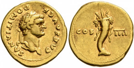 Domitian, as Caesar, 69-81. Aureus (Gold, 20 mm, 7.17 g, 7 h), Rome, 76-77. CAES AVG F DOMITIANVS Laureate head of Domitian to right. Rev. COS - IIII ...