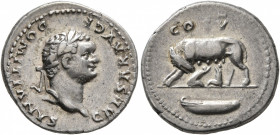 Domitian, as Caesar, 69-81. Denarius (Silver, 18 mm, 3.46 g, 5 h), Rome, 77-78. CAESAR AVG F DOMITIANVS Laureate head of Domitian to right. Rev. COS V...