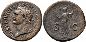 Domitian, as Caesar, 69-81. As (Copper, 28 mm, 11.37 g, 7 h), Rome, struck under Titus, 80-81. CAES DIVI VESP F DOMITIAN COS VII Laureate head of Domi...