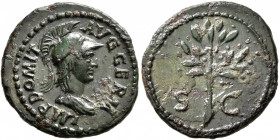 Domitian, 81-96. Quadrans (Copper, 19 mm, 2.76 g, 7 h), Rome, 84-85. IMP DOMIT AVG GERM Helmeted and draped bust of Minerva to right. Rev. S - C Olive...