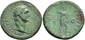 Domitian, 81-96. Dupondius (Orichalcum, 29 mm, 16.00 g, 6 h), Rome, 85. IMP CAES DOMIT AVG GERM COS XII CENS PER P P Radiate head of Domitian to right...