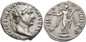 Trajan, 98-117. Denarius (Silver, 18 mm, 3.56 g, 7 h), Rome, circa 102. IMP CAES NERVA TRAIAN AVG GERM Laureate head of Trajan to right, with slight d...
