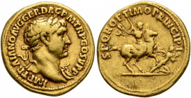 Trajan, 98-117. Aureus (Gold, 19 mm, 7.04 g, 6 h), Rome, circa 104/5-107. IMP TRAIANO AVG GER DAC P M TR P COS V P P Laureate head of Trajan to right,...