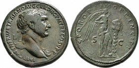 Trajan, 98-117. Sestertius (Orichalcum, 34 mm, 28.84 g, 6 h), Rome, 104-106/7. MP CAES NERVAE TRAIANO AVG GER DAC P M TR P COS V P P Laureate head of ...