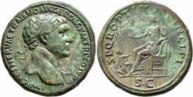Trajan, 98-117. Sestertius (Orichalcum, 33 mm, 26.17 g, 7 h), Rome, 106-107. IMP CAES NERVAE TRAIANO AVG GER DAC P M TR P COS V P P Laureate head of T...