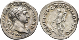 Trajan, 98-117. Denarius (Silver, 19 mm, 3.12 g, 7 h), Rome, circa 107-108. IMP TRAIANO AVG GER DAC P M TR P Laureate head of Trajan to right, with sl...