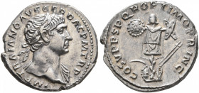 Trajan, 98-117. Denarius (Silver, 19 mm, 3.16 g, 6 h), Rome, circa 107-108. IMP TRAIANO AVG GER DAC P M TR P Laureate head of Trajan to right, with sl...