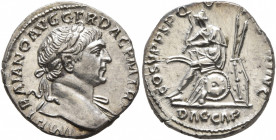 Trajan, 98-117. Denarius (Silver, 18 mm, 3.49 g, 7 h), Rome, circa 108-109. IMP TRAIANO AVG GER DAC P M TR P Laureate head of Trajan to right, with sl...