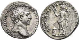 Trajan, 98-117. Denarius (Silver, 17 mm, 3.21 g, 7 h), Rome, circa 110. IMP TRAIANO AVG GER DAC P M TR P COS V P P Laureate head of Trajan to right, w...