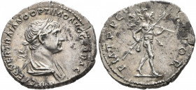 Trajan, 98-117. Denarius (Silver, 21 mm, 3.27 g, 7 h), Rome, 113-114. IMP CAES NER TRAIANO OPTIMO AVG GER DAC Laureate and draped bust of Trajan to ri...