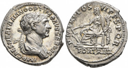 Trajan, 98-117. Denarius (Silver, 19 mm, 3.38 g, 7 h), Rome, 114-116. IMP CAES NER TRAIANO OPTIMO AVG GER DAC Laureate and draped bust of Trajan to ri...