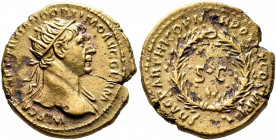 Trajan, 98-117. Semis (Orichalcum, 20 mm, 4.24 g, 7 h), Rome, for use in Syria, 116. IMP CAES NER TRAIANO OPTIMO AVG GERM Radiate bust of Trajan to ri...