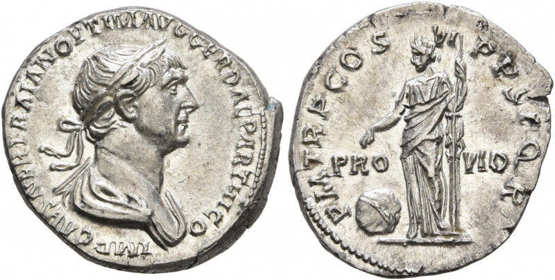 Trajan, 98-117. Denarius (Silver, 19 mm, 3.37 g, 7 h), Rome, 116. IMP CAES NER T...