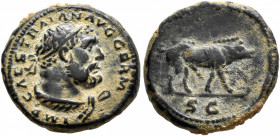 Trajan, 98-117. Quadrans (Copper, 15 mm, 3.15 g, 7 h), Rome. IMP CAES TRAIAN AVG GERM Laureate bust of Hercules to right, wearing lion skin draped aro...